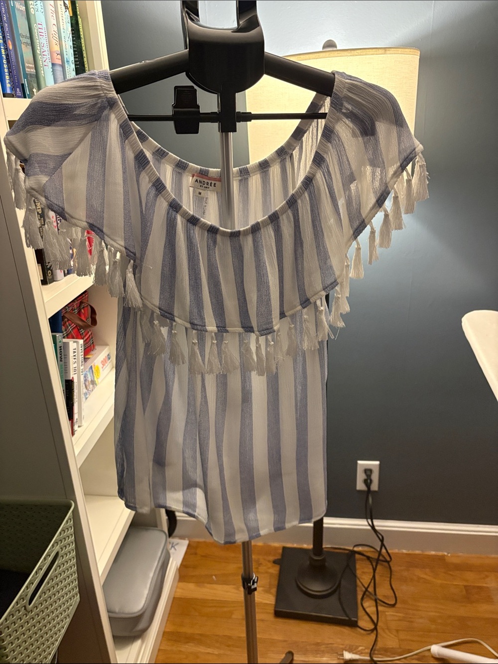 Andree Blue & White Striped Tassel Off-the-Shoulder Tunic